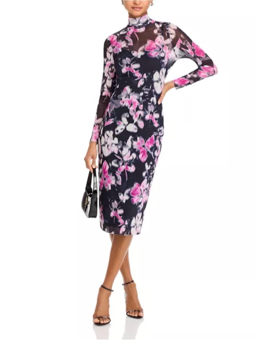 Steve Madden Black Sheer Bodycon Midi Dress with Pink Floral Print